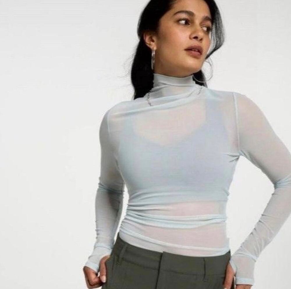 Calia Mesh Sheer Mockneck Top Activewear Whimsigoth Pastel Teal Women Large